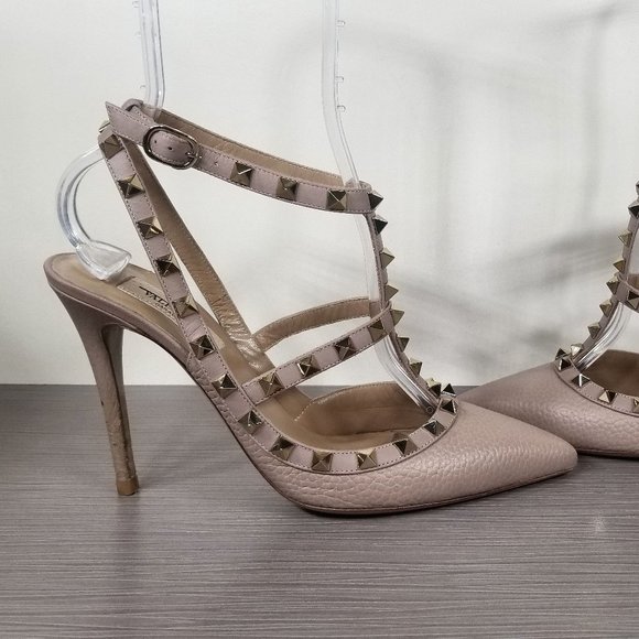 Valentino Rockstud Ankle Strap Pump Poudre Pebbled Leather Womens Size 8.5 /38.5 - Picture 7 of 14